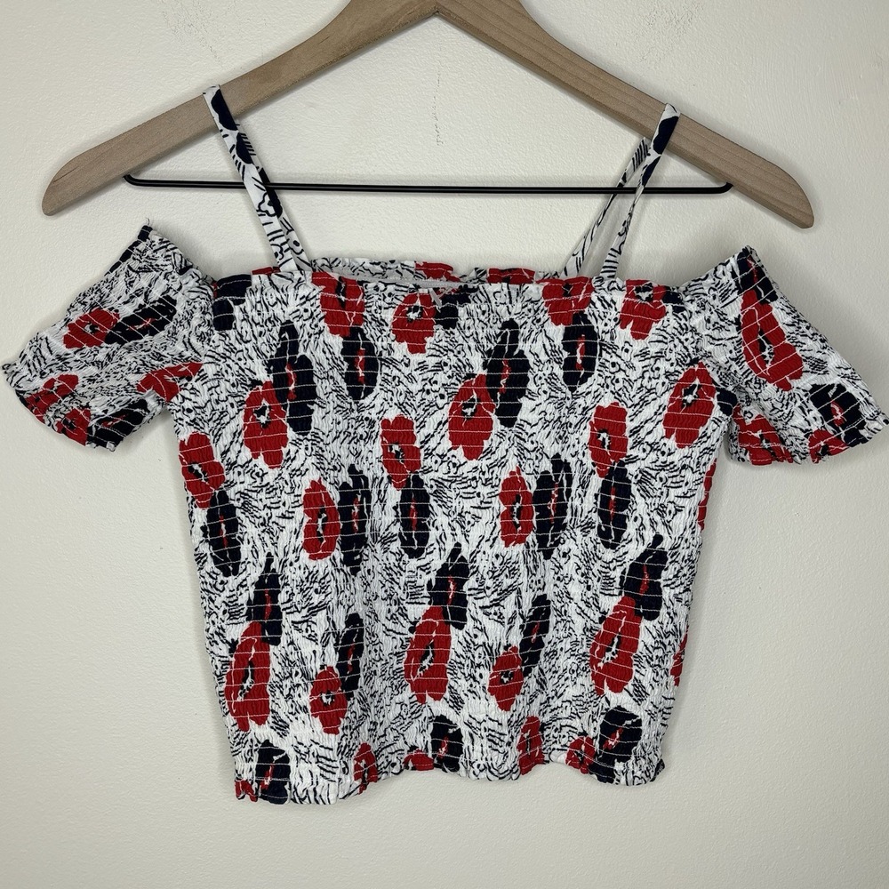 Janie & Jack Girls 14 Red White Blue Floral Smocked Top Summer Shirt Whimsy Crop